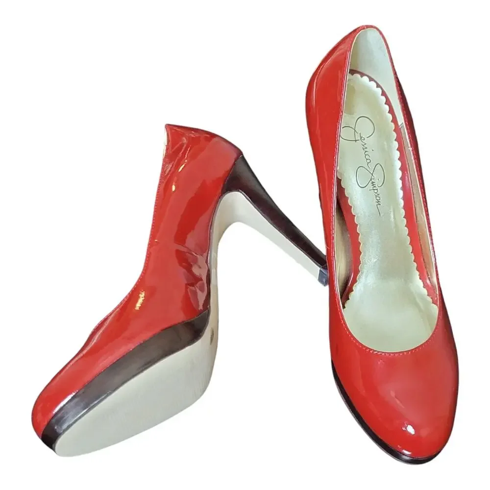 Jessica Simpson Red Patent Leather Round Toe Platform Wood Heels Stelletto Pumps